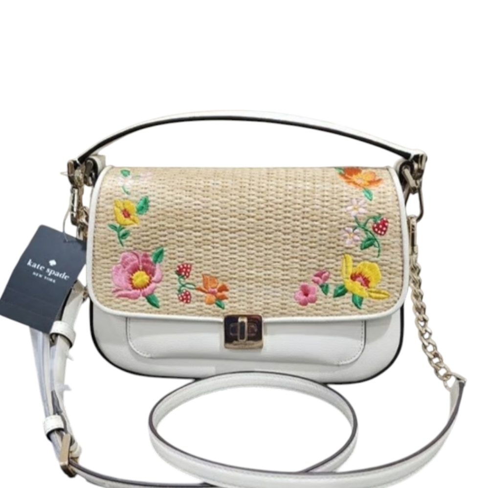 NWT KATE SPADE ♠️ Phoebe Embroidered Flower Straw strap flap Crossbody BAG PURSE